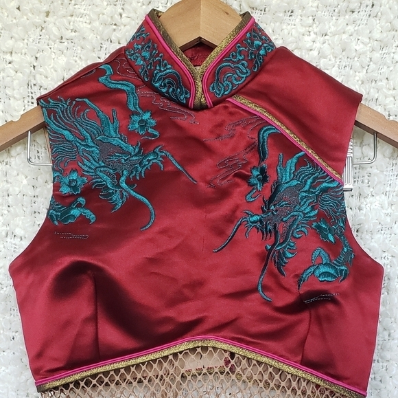 Custom made bodysuit with fishnet body and dragon embroidered crop top medium - Picture 5 of 7